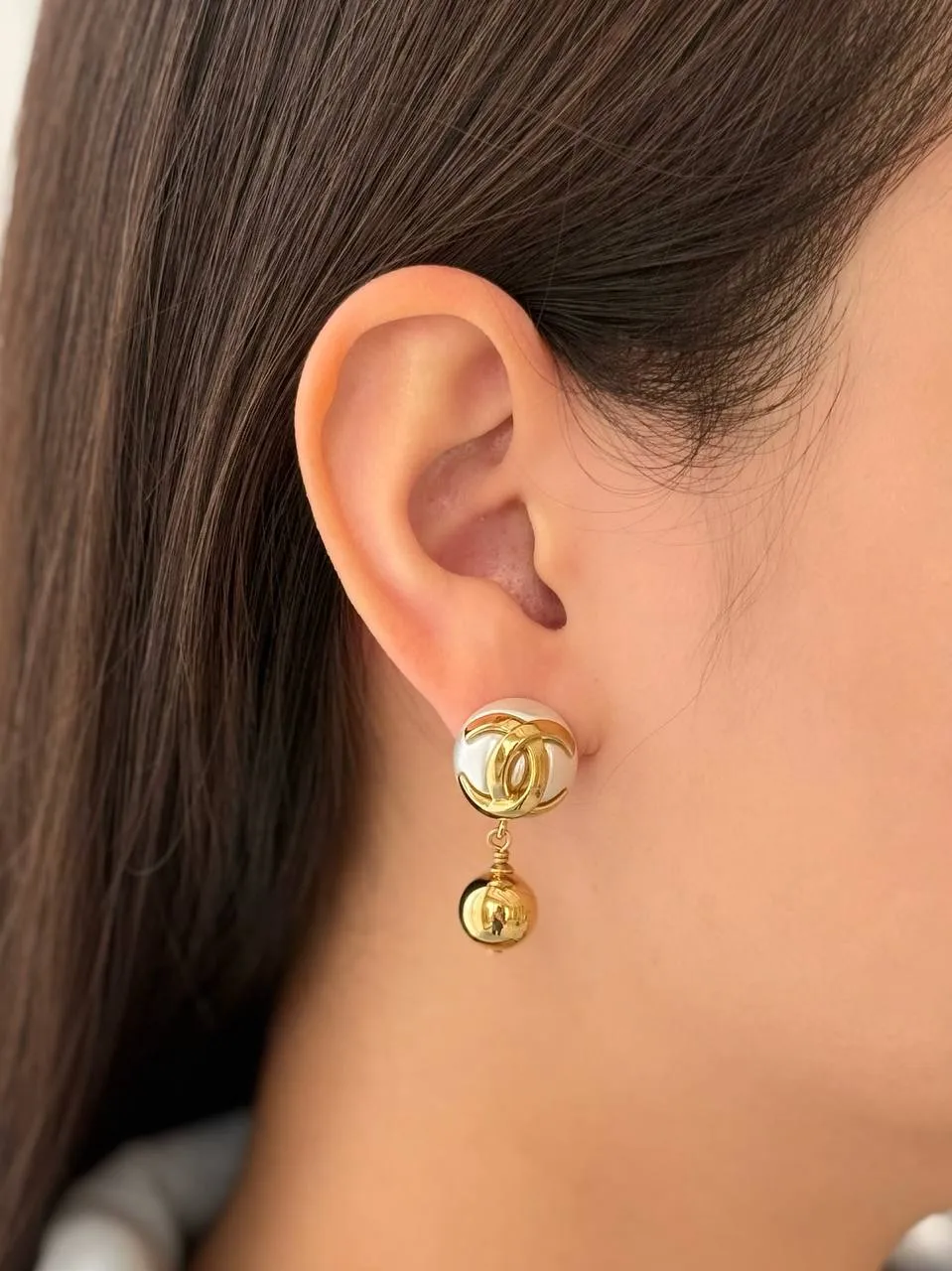 CHANEL Chanel White Gold CC Ball Drop Earrings