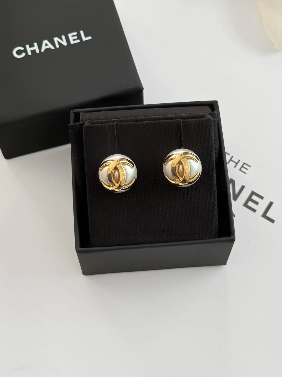 CHANEL Chanel White Enamel CC Gold Dome Earrings