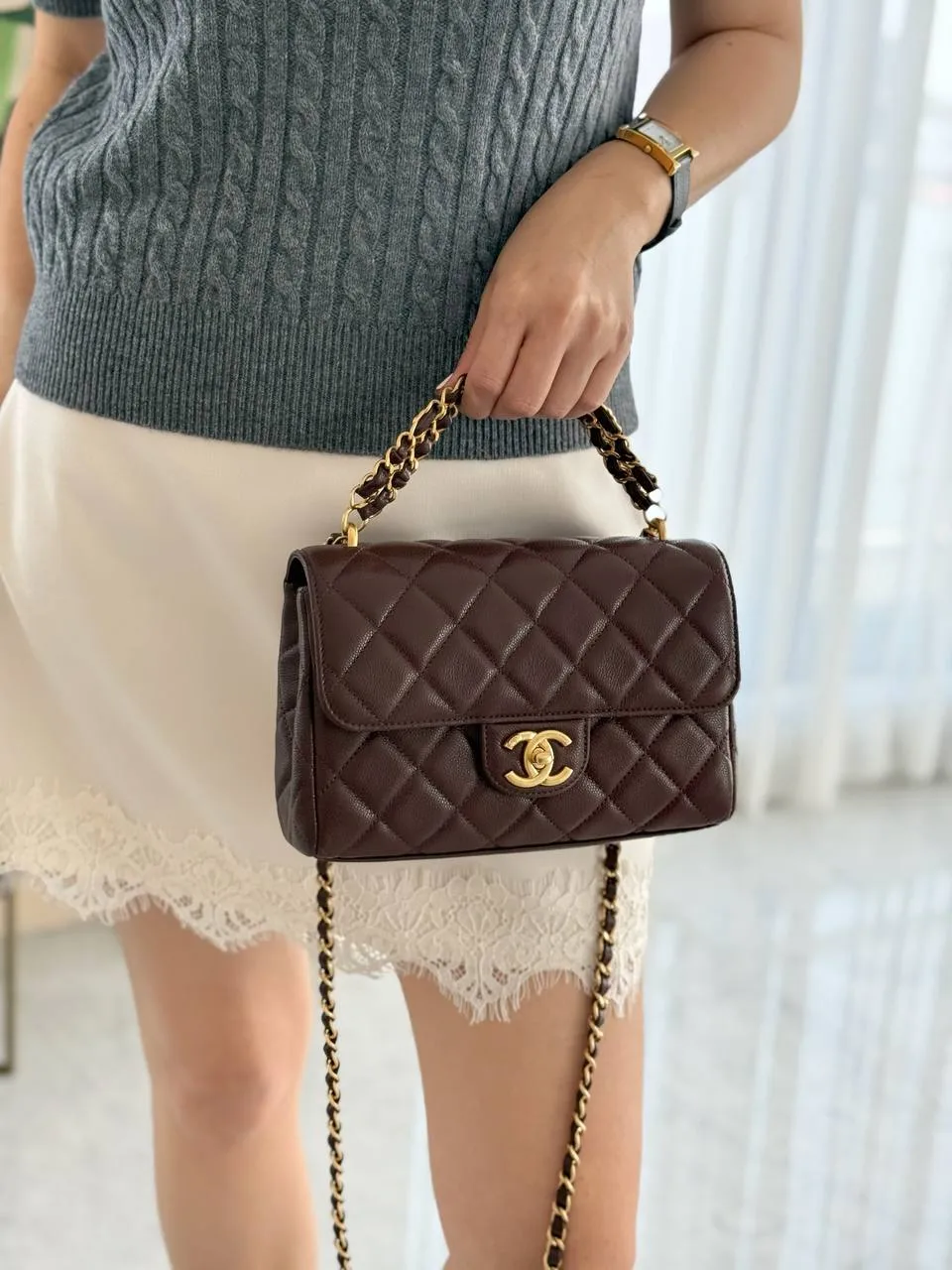 Chanel Small FlapBag With Handle Dark Chocolate Caviar GHW - photo 5