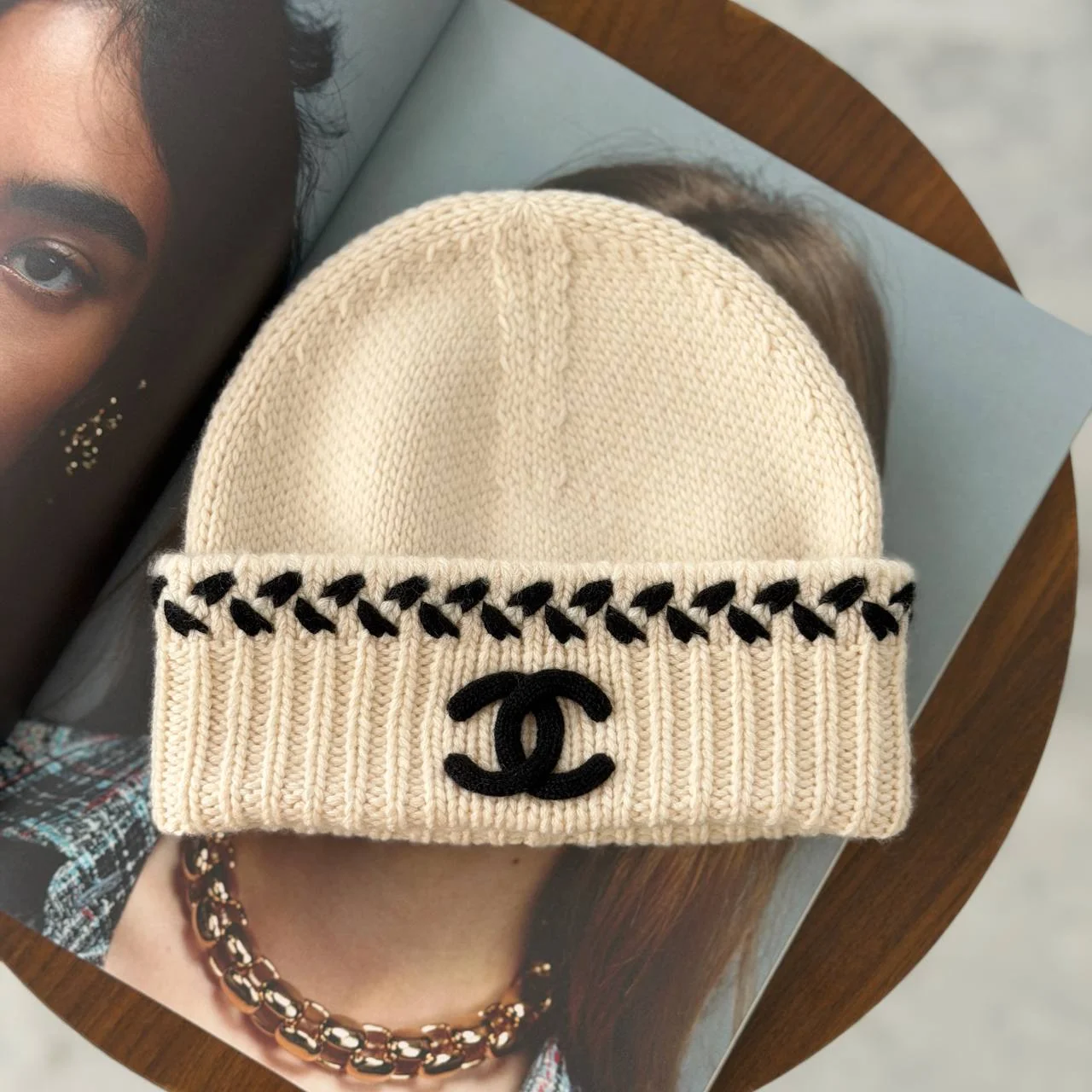CHANEL Chanel CC Braided Beanie Ivory