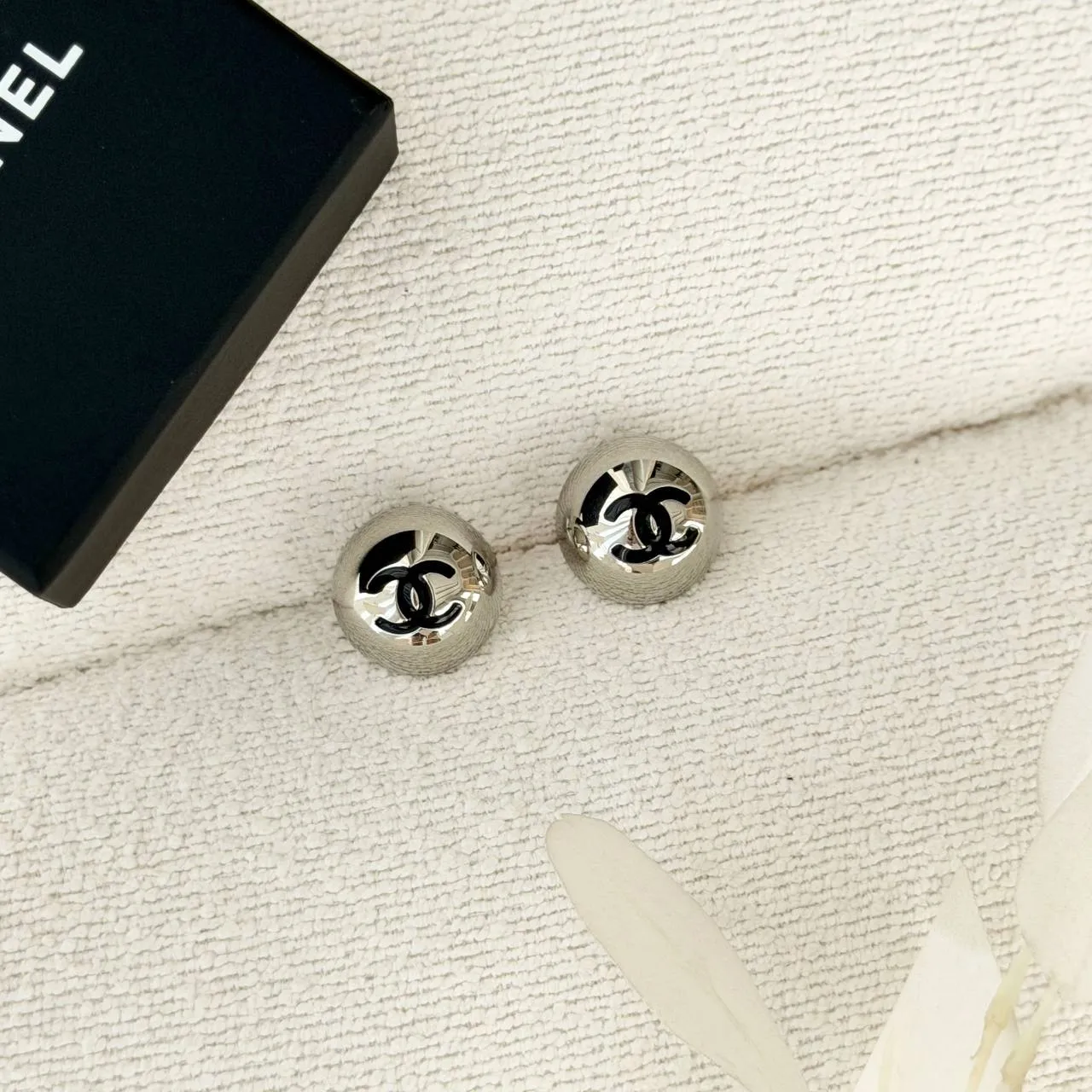 CHANEL Chanel Silver Dome Black CC Earrings