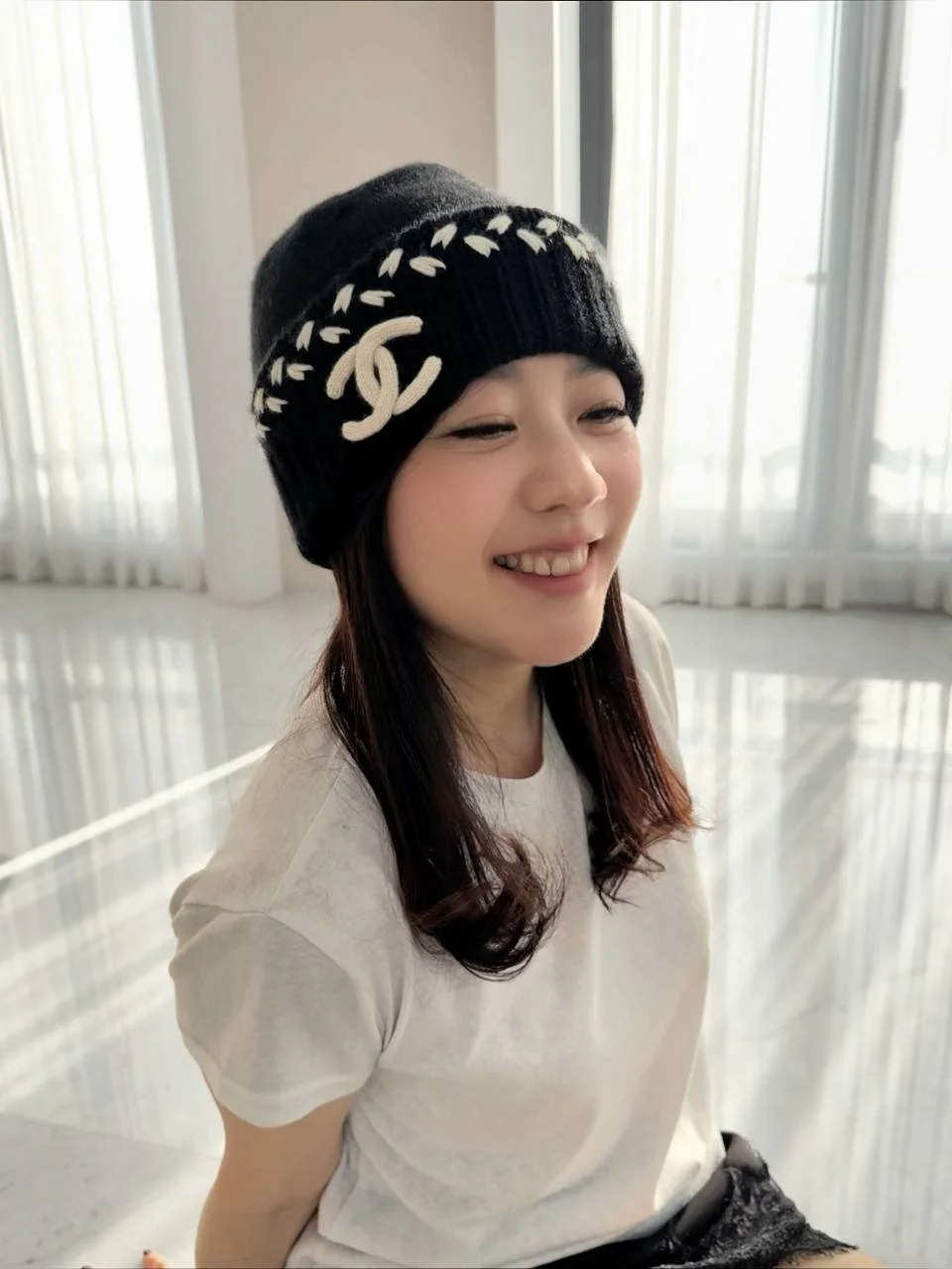 CHANEL Chanel CC Braided Beanie Black