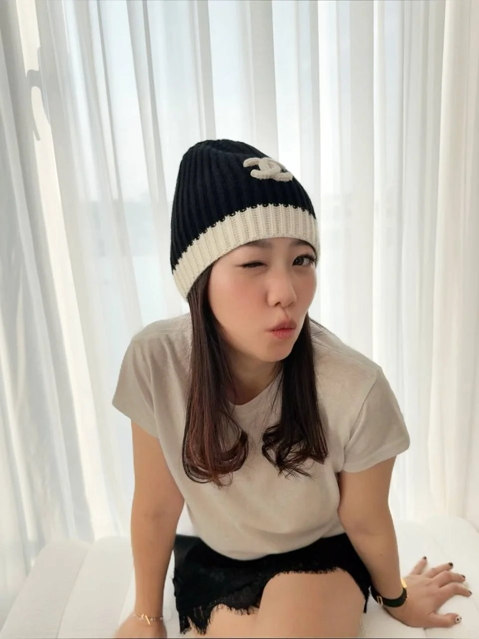 CHANEL Chanel CC Ribbed Knit Beanie Black