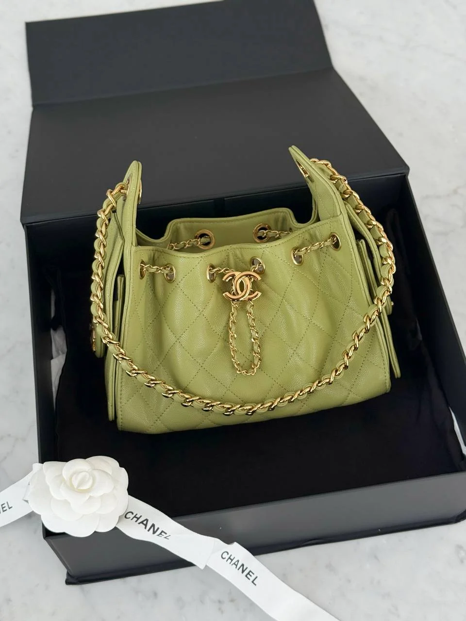 CHANEL Chanel 25 / C25 Mini Green Caviar GHW Shiny Buckle