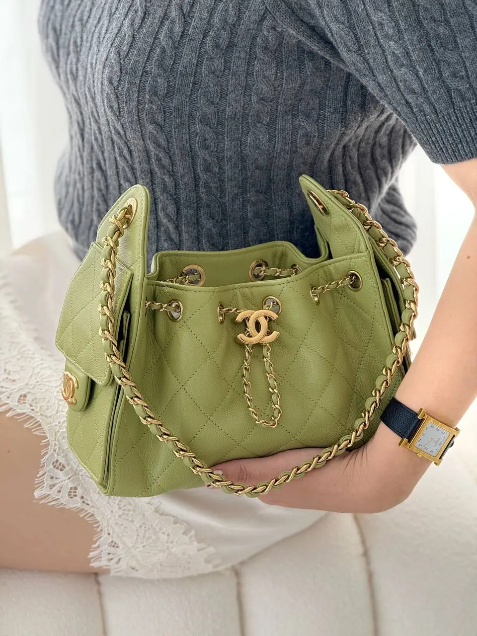 Chanel 25 / C25 Mini Green Caviar GHW Shiny Buckle - photo 4