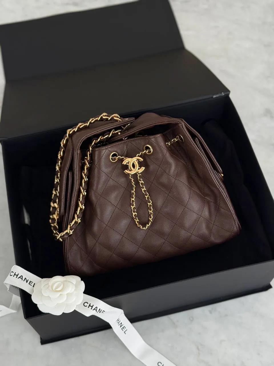 CHANEL Chanel 25 / C25 Small C25 Dark Brown Caviar GHW Shiny Buckle