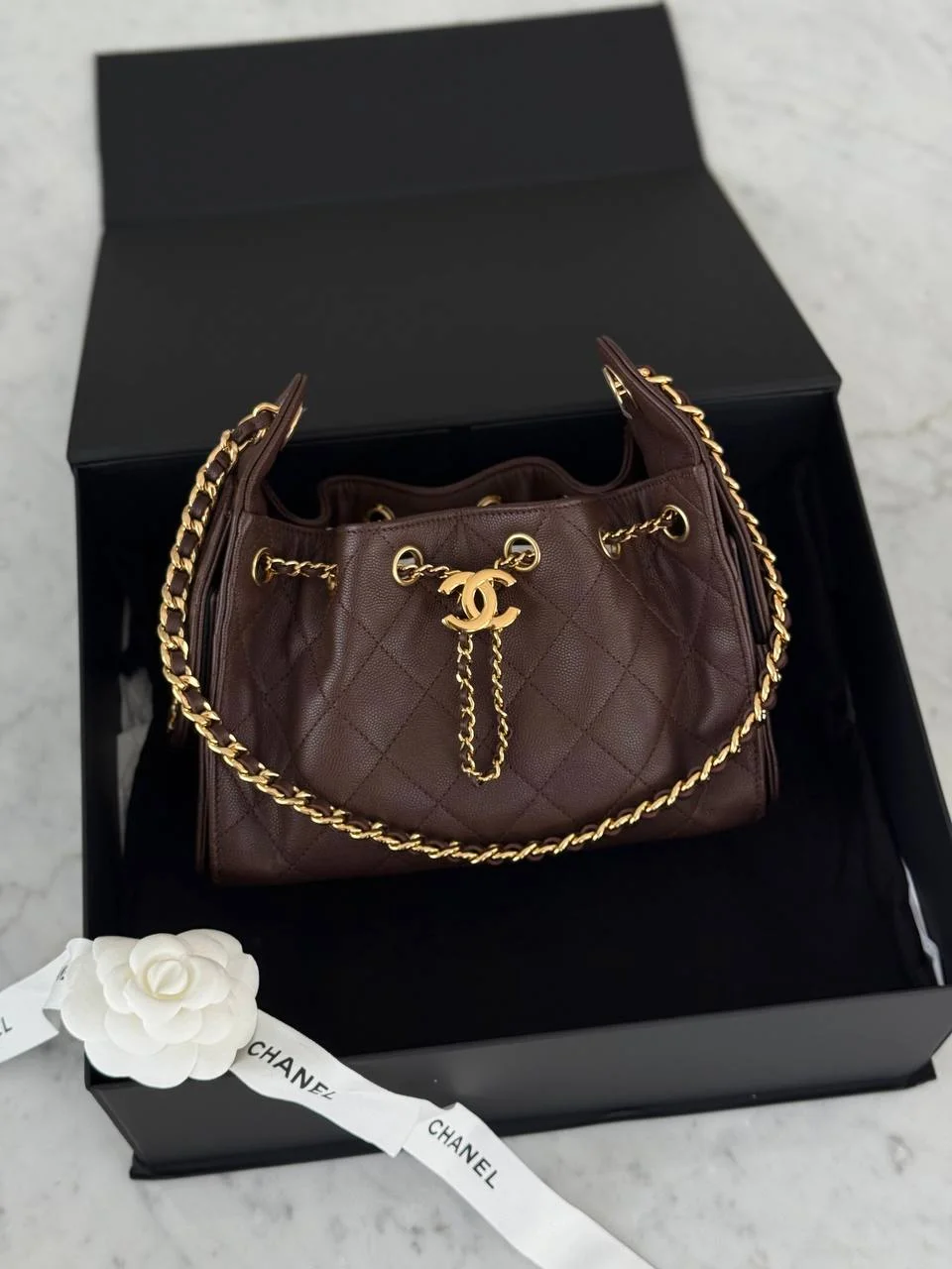 CHANEL Chanel 25 / C25 Mini Dark Brown Caviar GHW Shiny Buckle