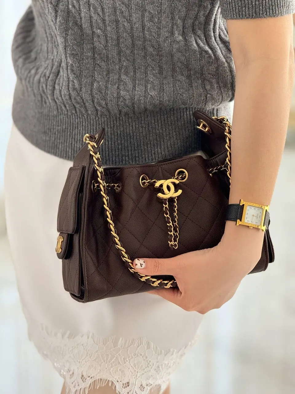 Chanel 25 / C25 Mini Dark Brown Caviar GHW Shiny Buckle - photo 4