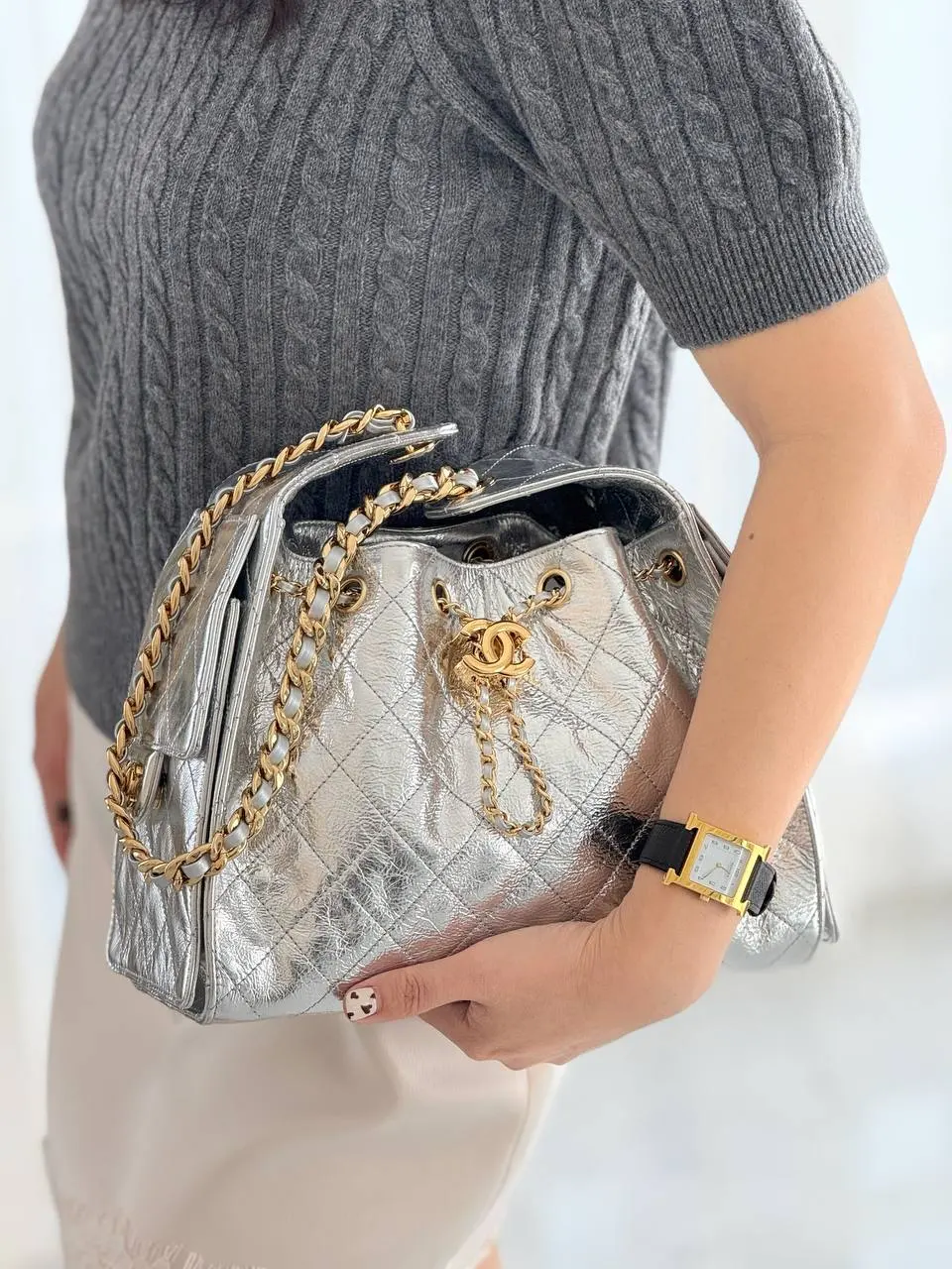 CHANEL 25 / C25 Small Silver Shiny Crinkle GHW | Snowceline Luxuries