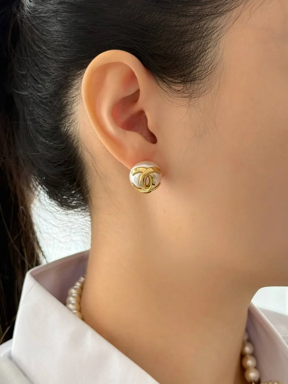 CHANEL Chanel White Enamel CC Gold Dome Earrings