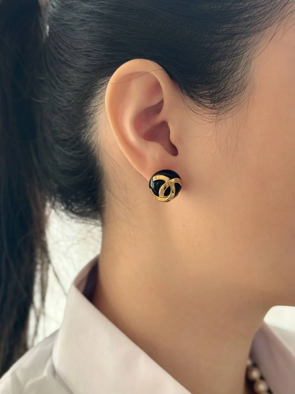 CHANEL Chanel Black Enamel CC Gold Dome Earrings