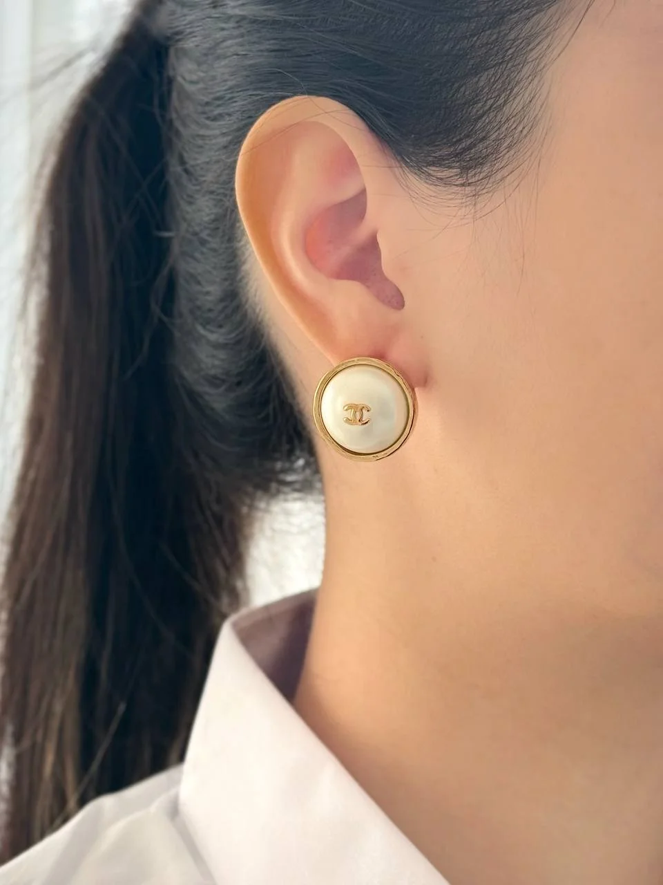 CHANEL Chanel Pearl Dome CC Gold Earrings