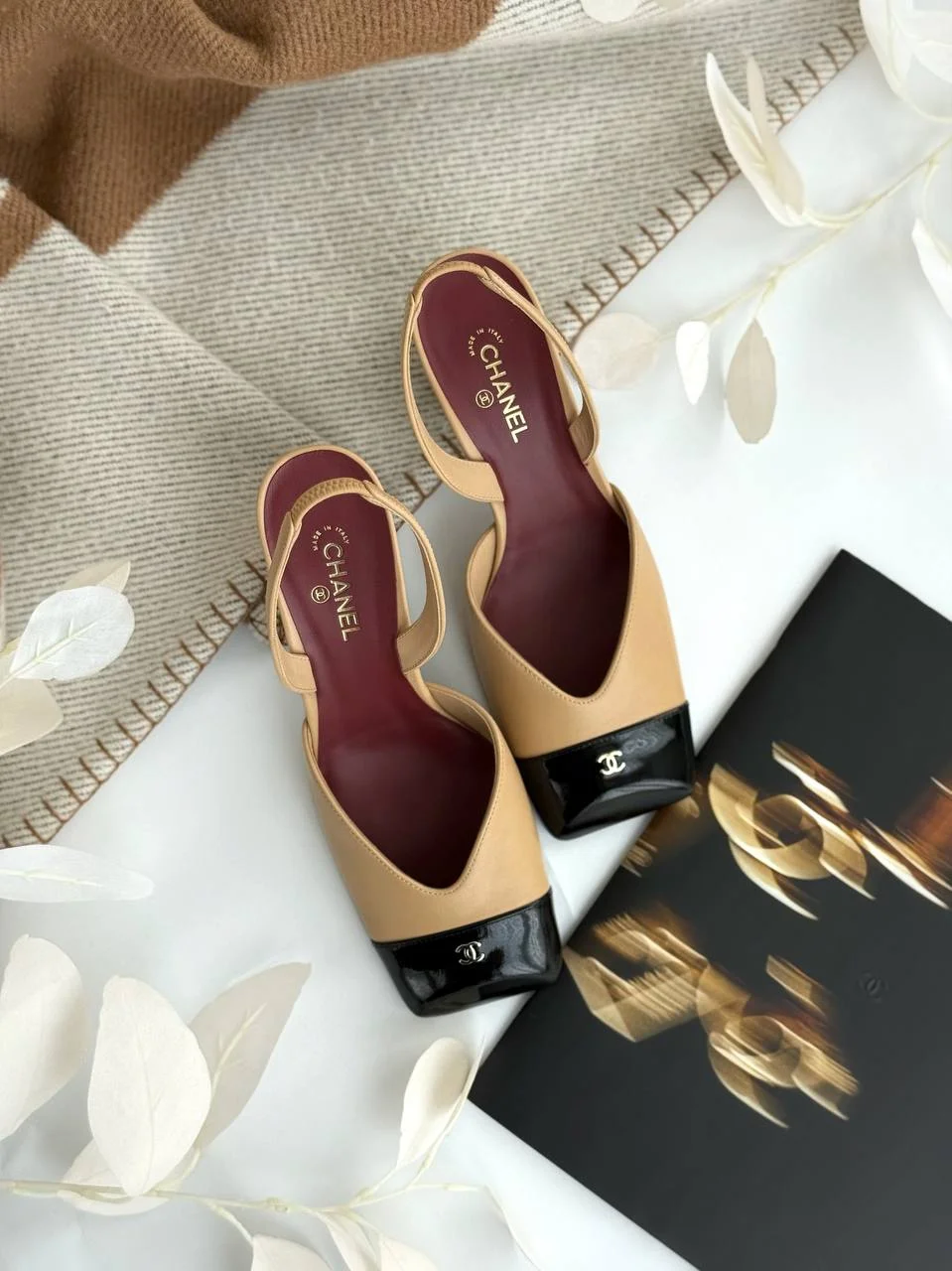 CHANEL Chanel Classic CC Square Toe Slingback Beige / Black