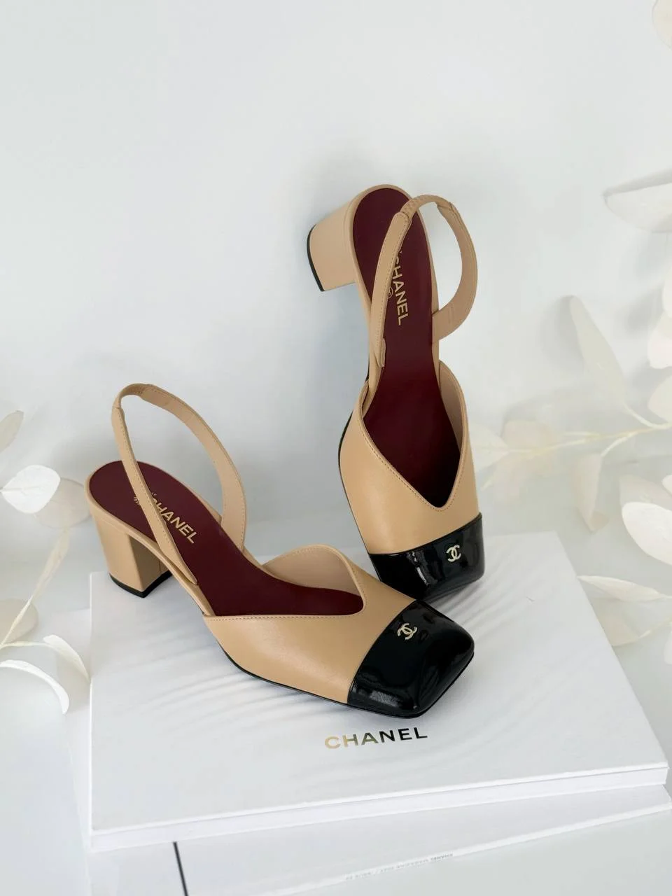 CHANEL Chanel Classic CC Square Toe Slingback Beige / Black
