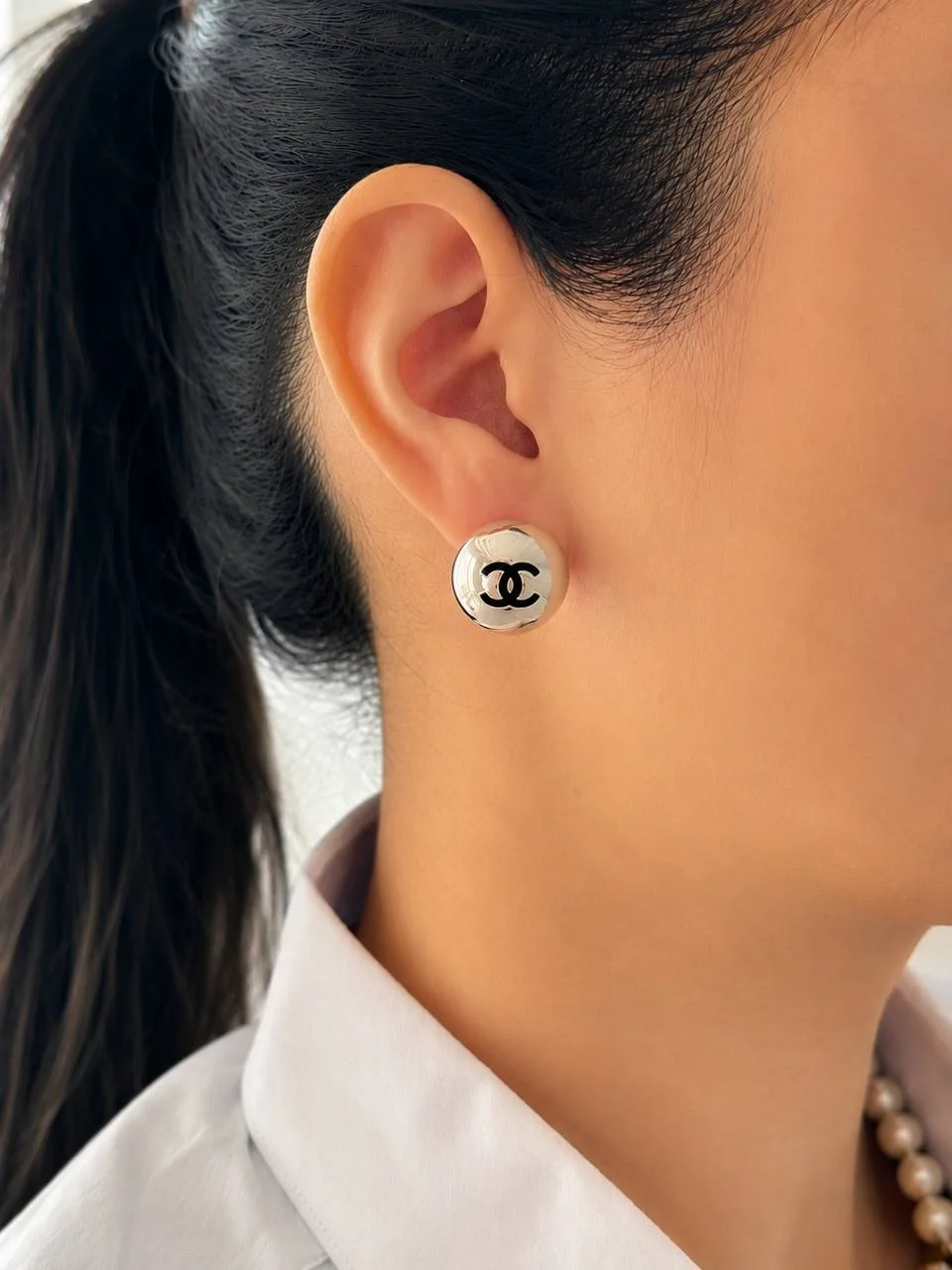 Chanel Earrings Silver Dome Black CC - photo 3