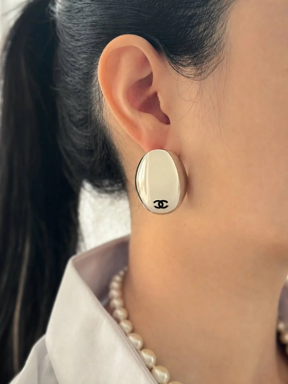 CHANEL Chanel Oval Dome Black CC Silver Earrings