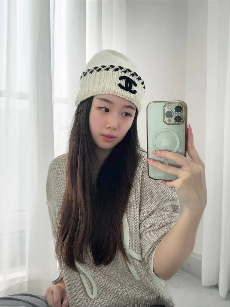 CHANEL Chanel CC Braided Beanie Ivory