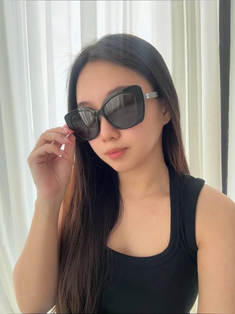 Chanel Acetate Strass Polarized Square Sunglasses Black Logo White - photo 4
