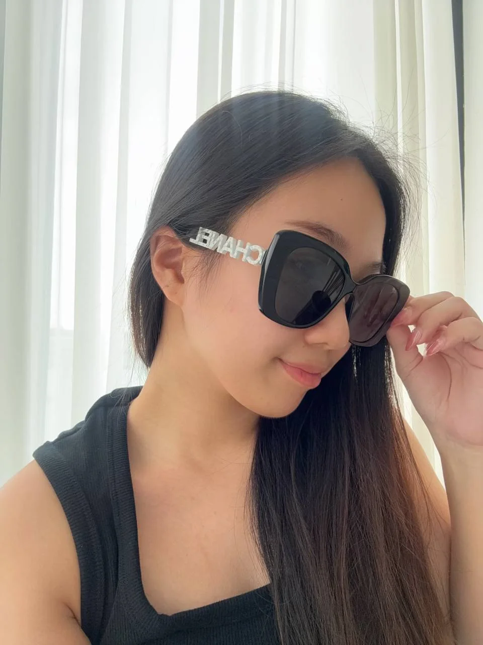 Chanel Acetate Strass Polarized Square Sunglasses Black Logo White - photo 3