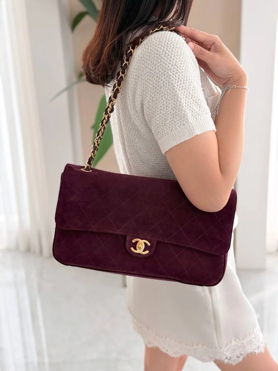 CHANEL Chanel Maxi Flap XL Velvet Burgundy GHW 32cm