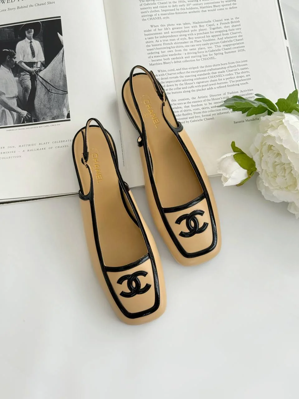 CHANEL Chanel CC Logo Square Toe Slingback Beige