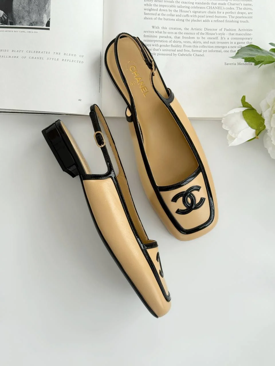 CHANEL Chanel CC Logo Square Toe Slingback Beige
