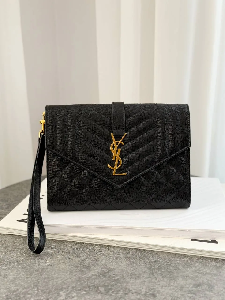 YSL Preloved YSL Envelope Wristlet Clutch Black Caviar GHW
