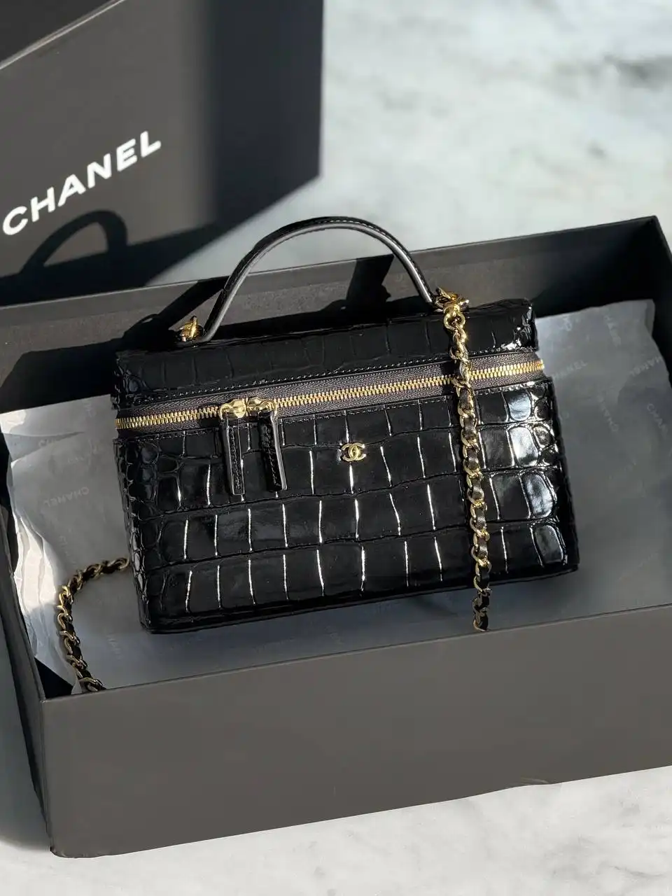 CHANEL Chanel Vanity Classic Top Handle Croco Black GHW