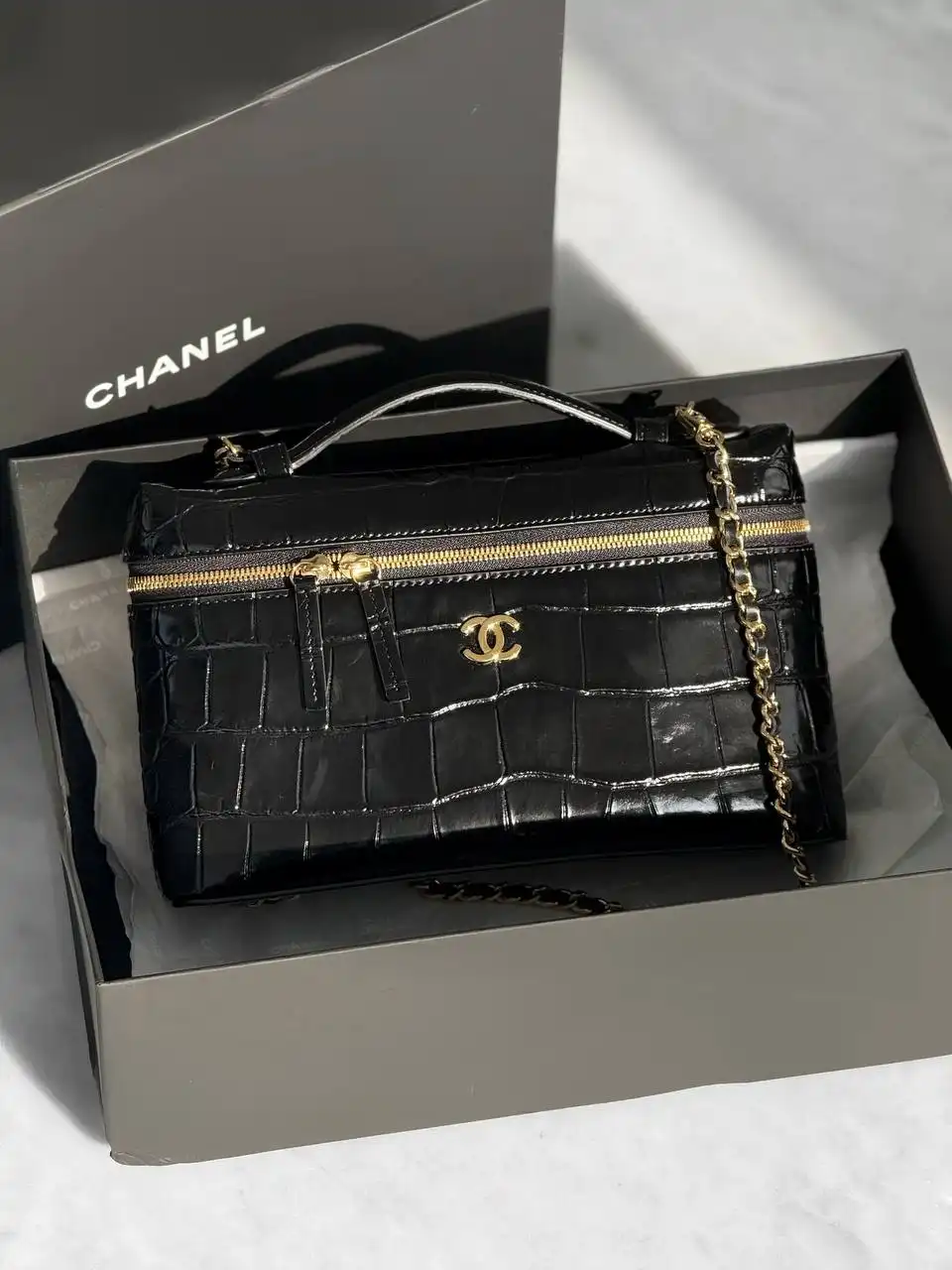 CHANEL Chanel Vanity Classic Medium 23cm Croco Black Patent GHW