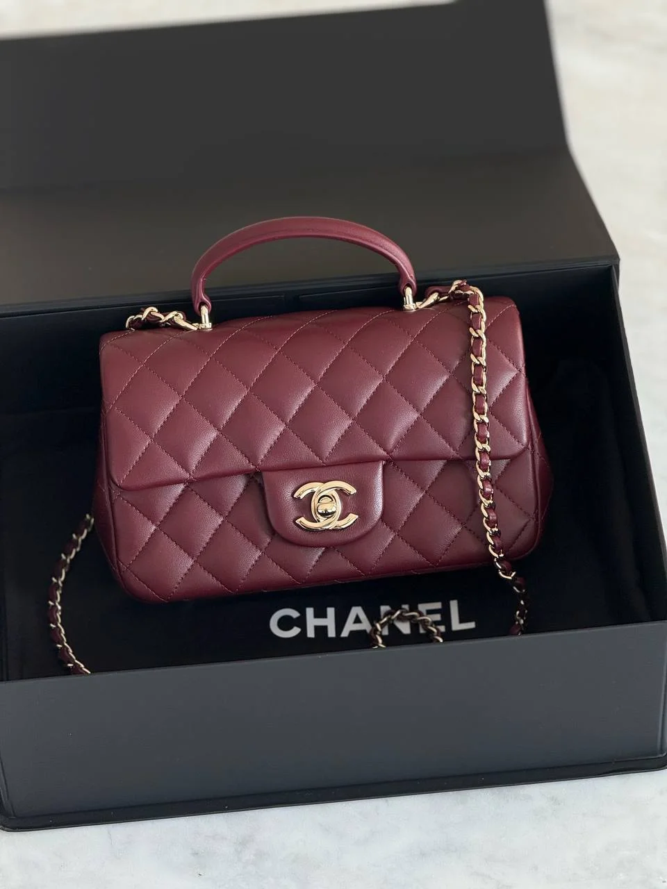 CHANEL Chanel Mini Rectangle Top Handle Flap Bag Burgundy GHW