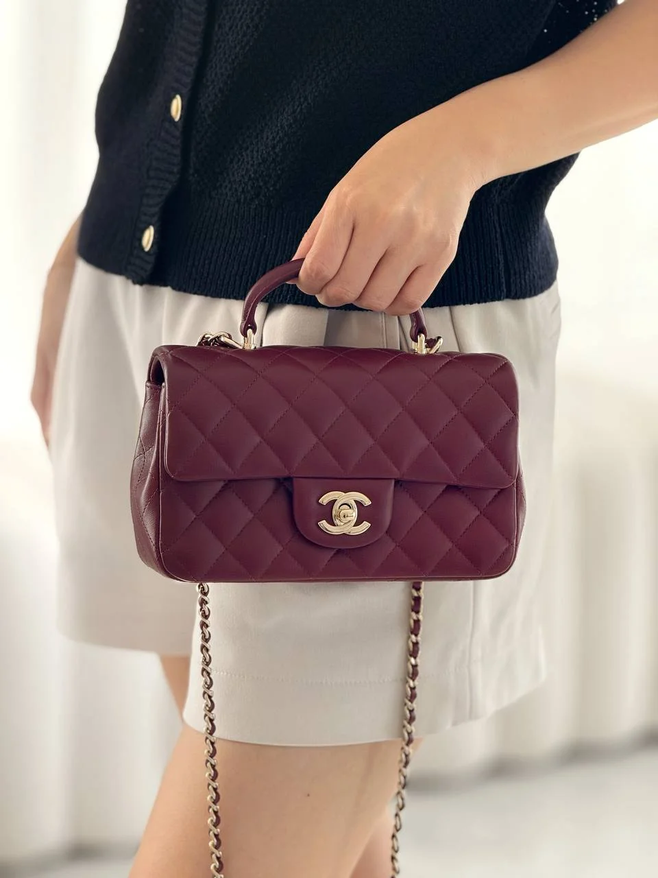Chanel Mini Rectangle Top Handle Flap Bag Burgundy GHW - photo 3
