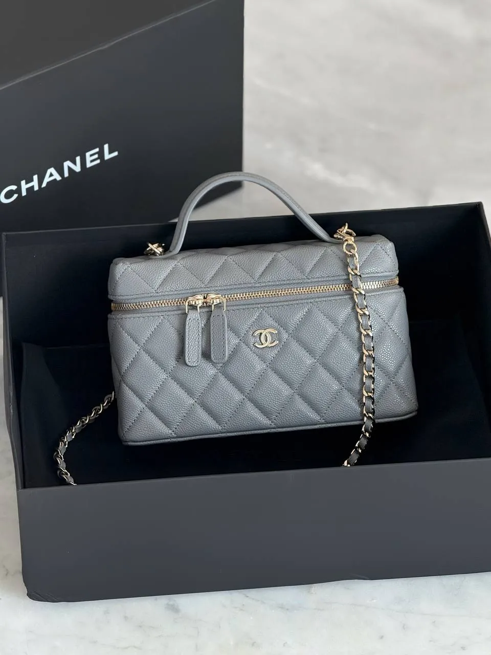 CHANEL Chanel Vanity Classic Top Handle Caviar Grey GHW