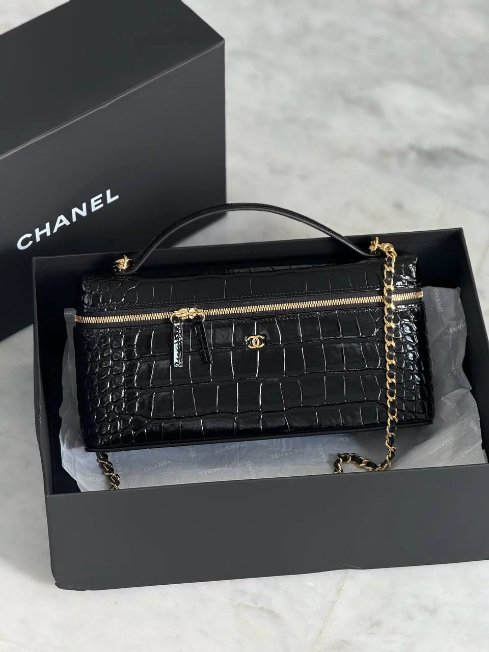 CHANEL Chanel long vanity top handle Croco Embossed Black GHW