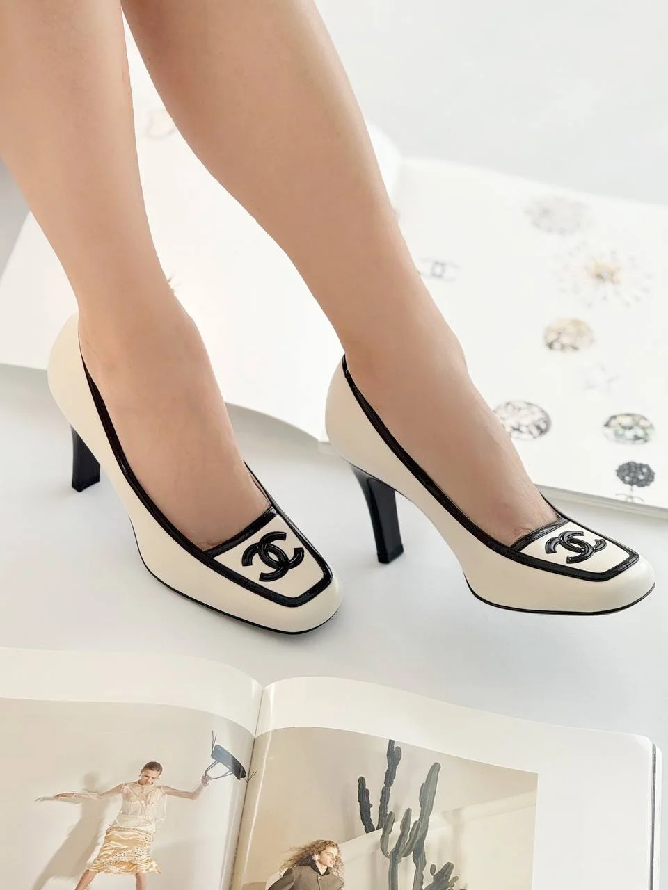 Chanel CC Logo Square Toe High Heel Pumps – White / Black - photo 3