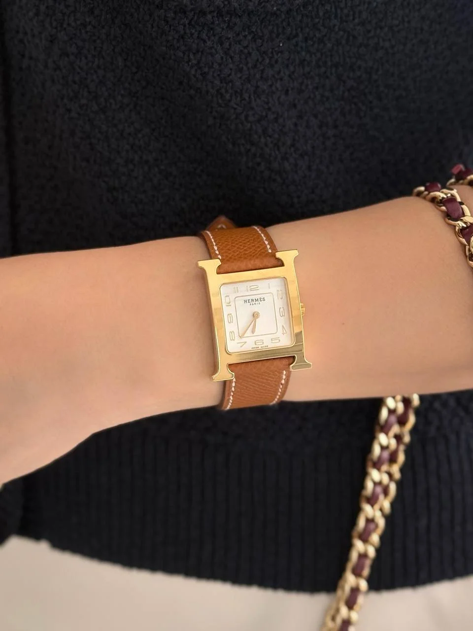 Hermes Hermes H Hour Gold Epsom MM GHW New Golden Dial