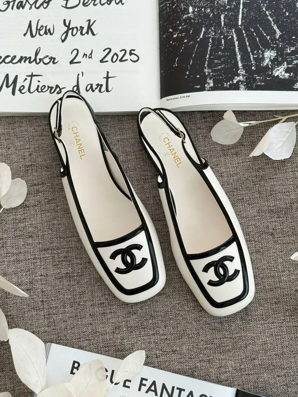 Chanel CC Logo Square Toe Slingback White Black - photo 1