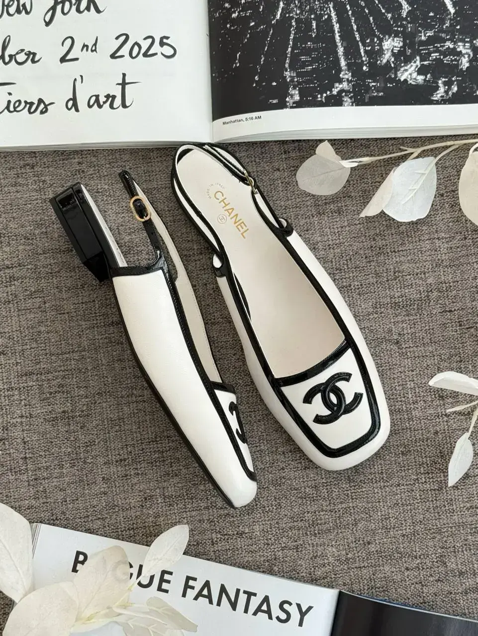 Chanel CC Logo Square Toe Slingback White Black - photo 2