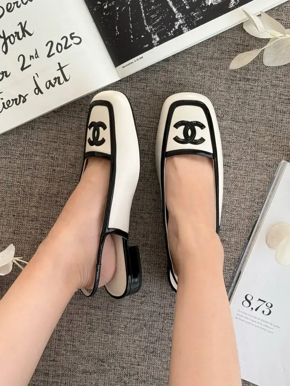Chanel CC Logo Square Toe Slingback White Black - photo 3