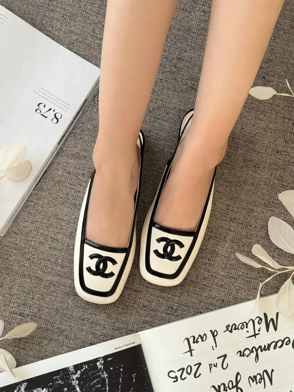 Chanel CC Logo Square Toe Slingback White Black - photo 4