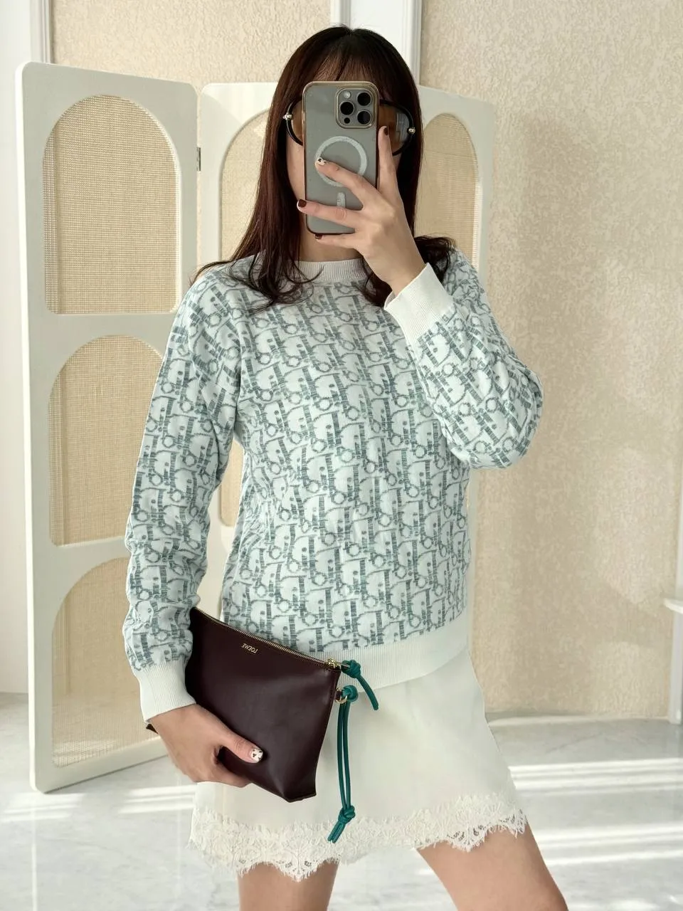 DIOR Dior Sweater Ivory Cotton Knit with  Oblique Jacquard Motif