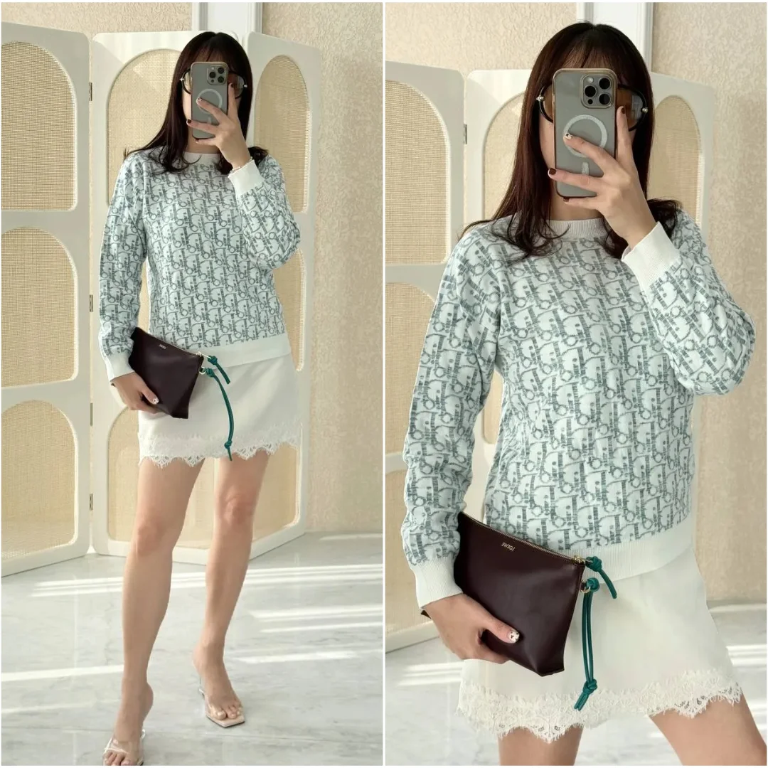 DIOR Dior Sweater Ivory Cotton Knit with  Oblique Jacquard Motif