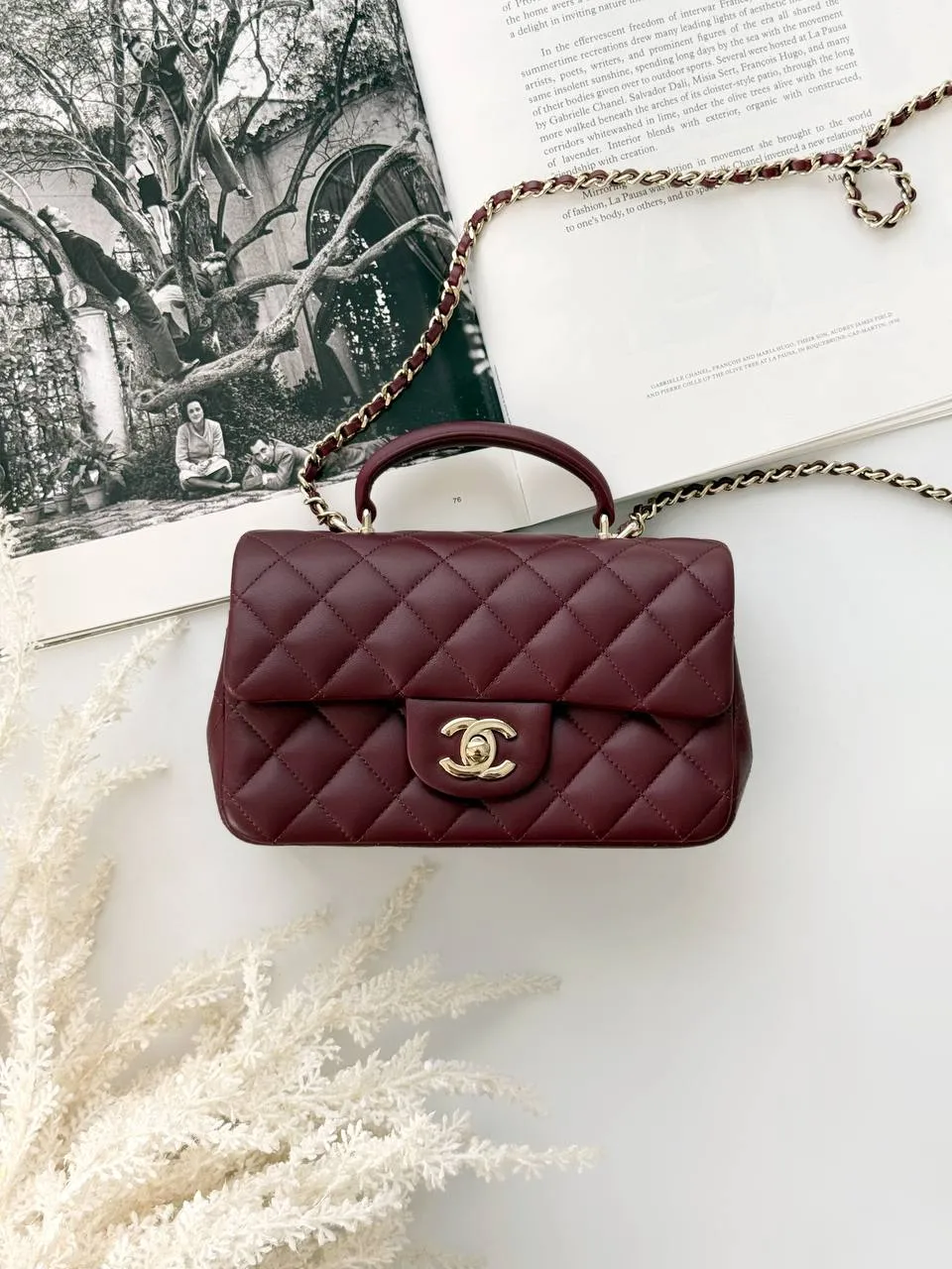 CHANEL Chanel Mini Rectangle Top Handle Flap Bag Burgundy GHW