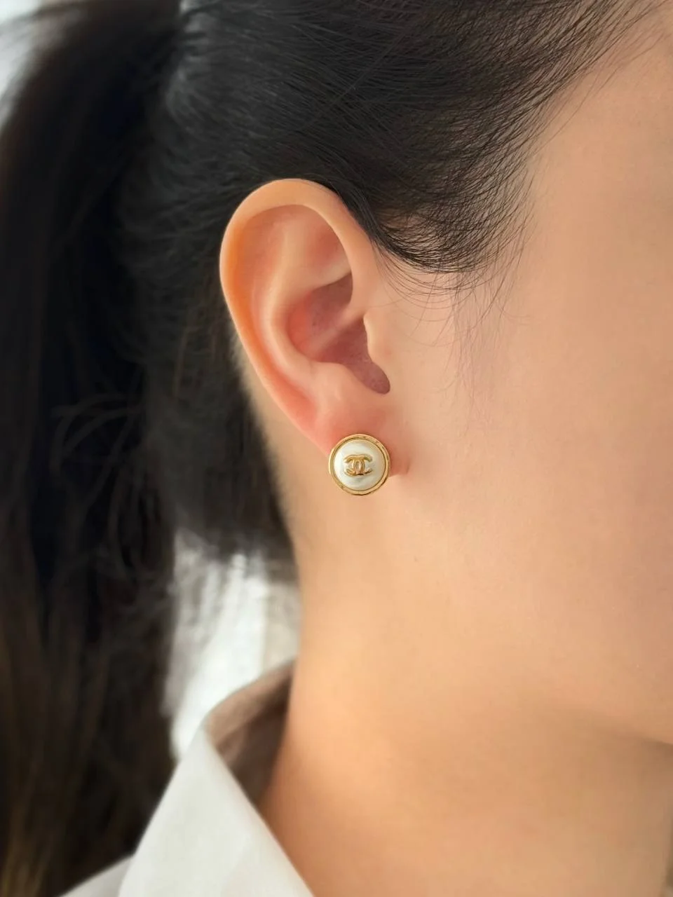 CHANEL Chanel Earrings Mini Pearl Dome CC Gold