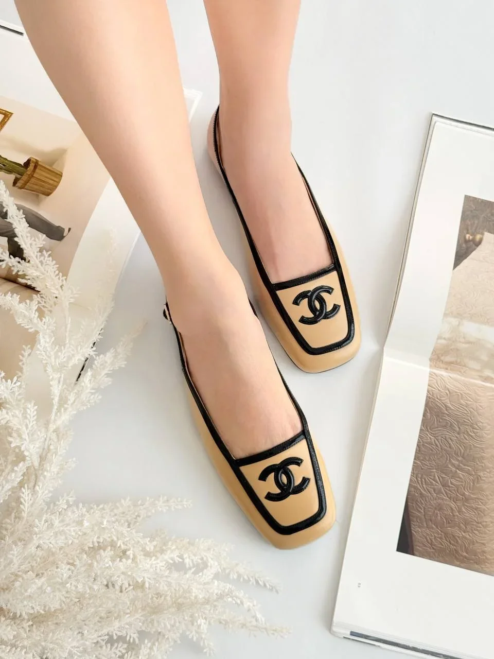 Chanel CC Logo Square Toe Slingback Beige - photo 3