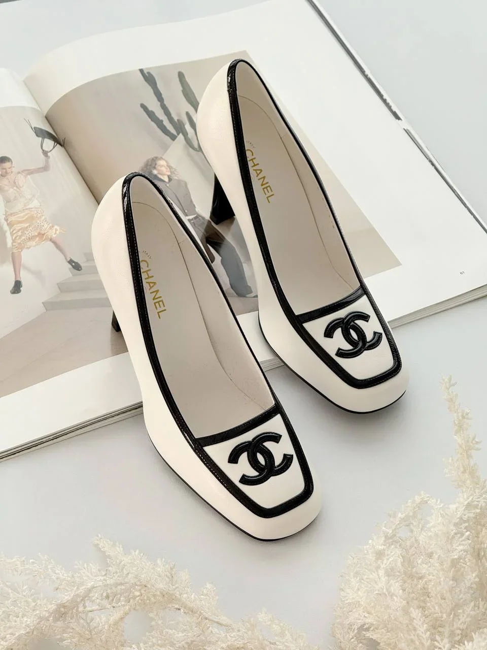Chanel CC Logo Square Toe High Heel Pumps – White / Black - photo 1