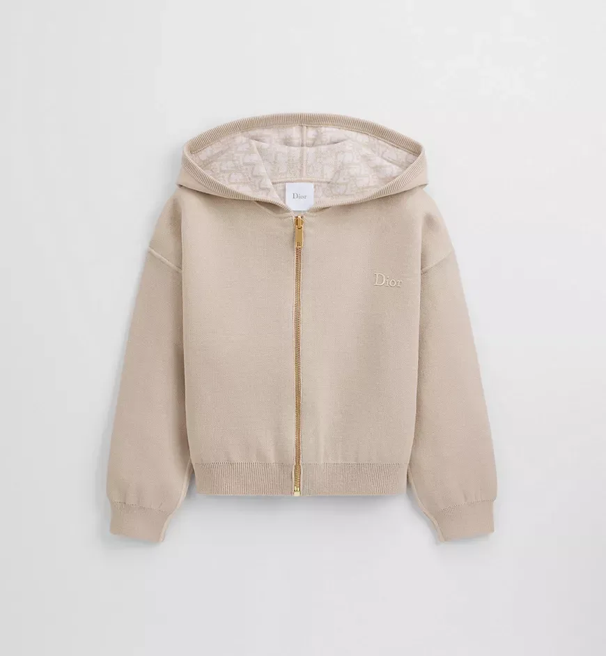 DIOR Dior Reversible Zipped Cardigan with Hood Beige Wool Knit and Dior Oblique Jacquard