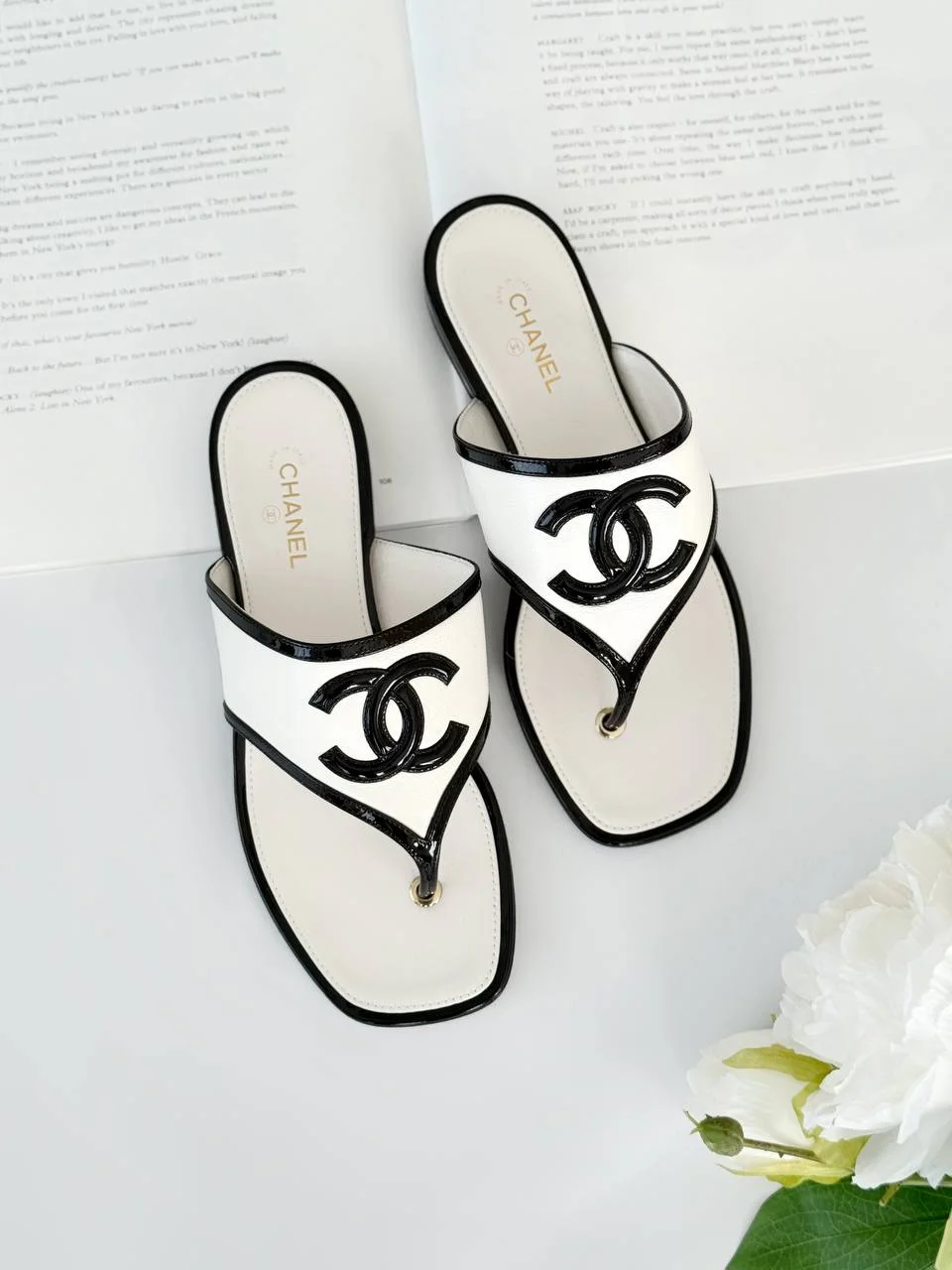CHANEL Chanel White & Black Patent CC Logo Thong Mule Flat Sandals