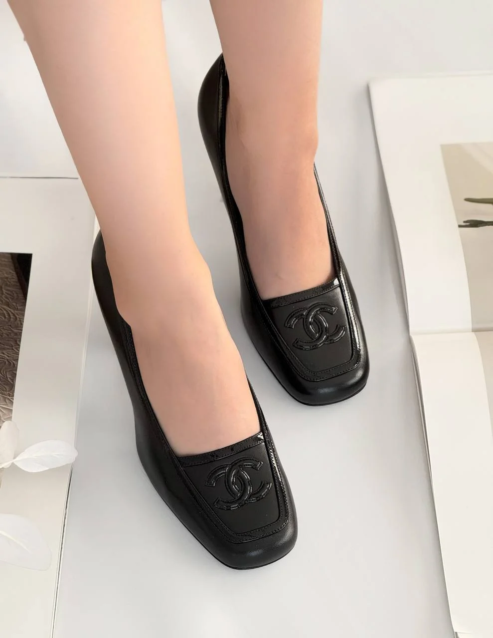 Chanel CC Logo Square Toe High Heel Pumps – Black - photo 4