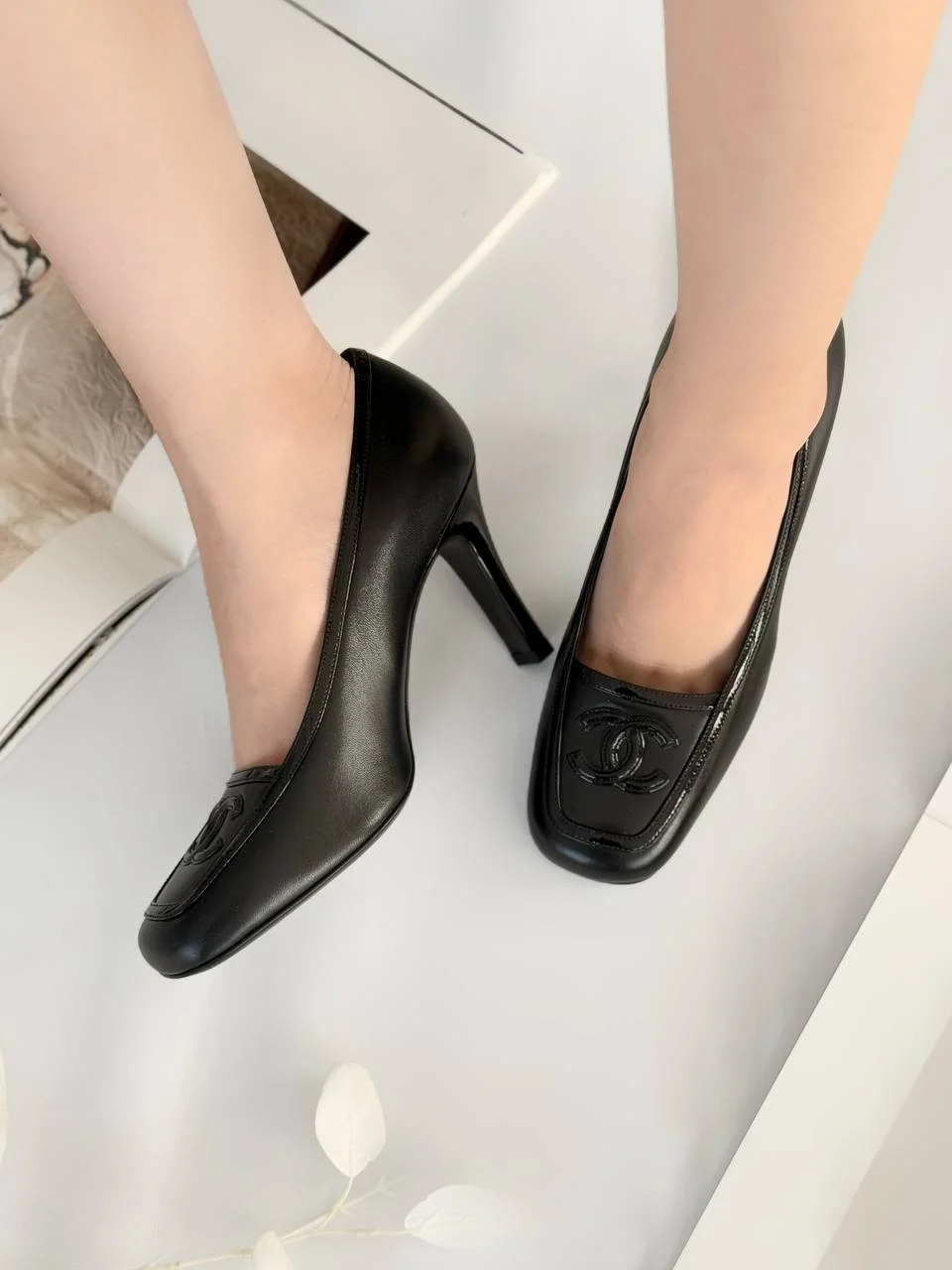 Chanel CC Logo Square Toe High Heel Pumps – Black - photo 5