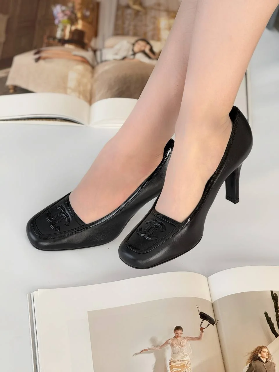 Chanel CC Logo Square Toe High Heel Pumps – Black - photo 6
